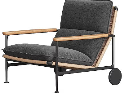 Modern Single Sofa With Gray Upholstery Wooden Armrests And Black Metal Frame 3d model