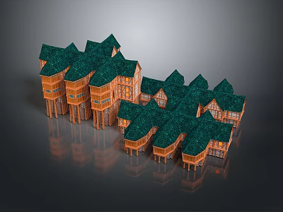 Cartoon Style Houses With Green Roofs Wooden Structures And Bright Windows Arranged In Rows 3d model