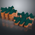 Cartoon Style Houses With Green Roofs Wooden Structures And Bright Windows Arranged In Rows