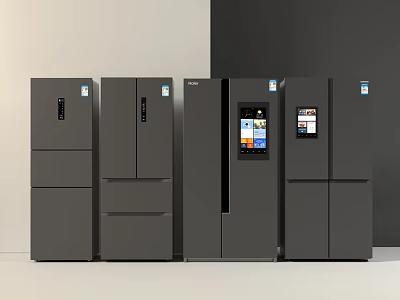 Smart Grey Home Kitchen Refrigerators With Digital Screens And Diverse Door Designs 3d model