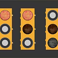 Three Yellow Traffic Lights With Classic Design And Round Metal Lenses