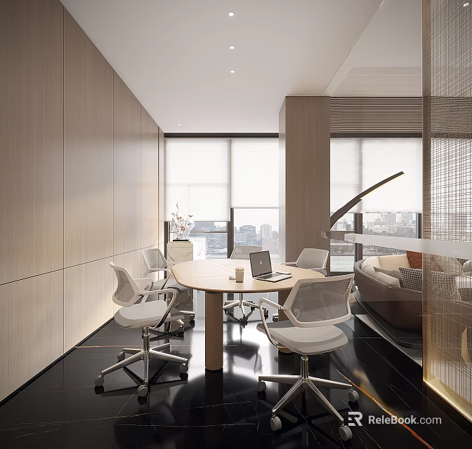 Modern Public Office Space With Wooden Walls Large Windows City View And Round Meeting Table 3d model 