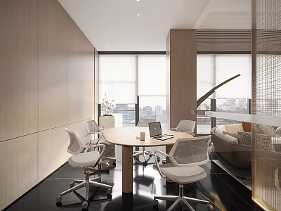 Modern Public Office Space With Wooden Walls Large Windows City View And Round Meeting Table 3d model