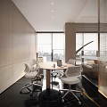Modern Public Office Space With Wooden Walls Large Windows City View And Round Meeting Table