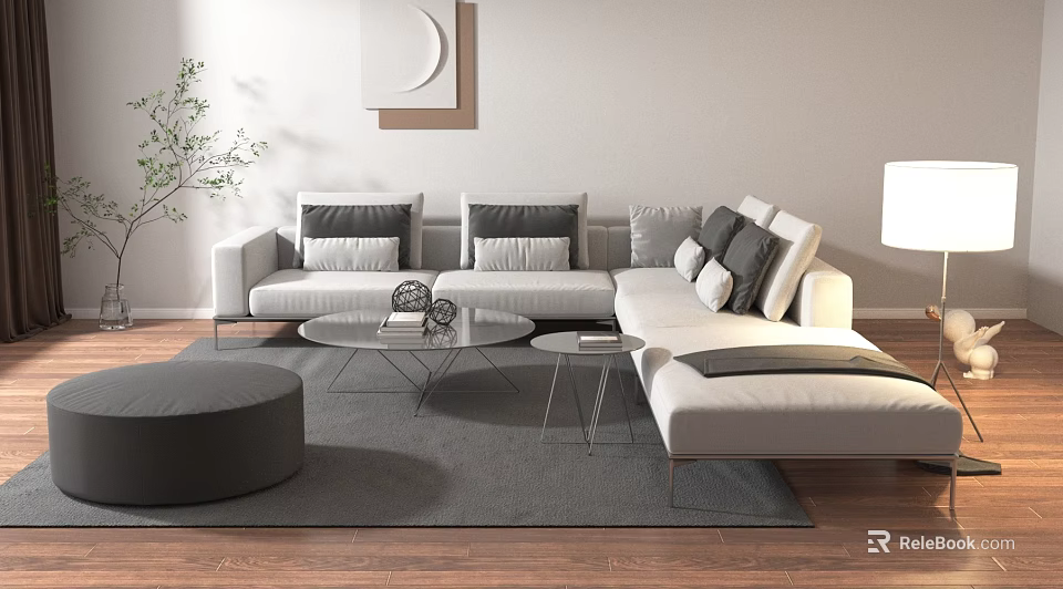 Modern Living Room Interior With L Shaped Sofa Decorative Pillows And Glass Coffee Table 3d model 