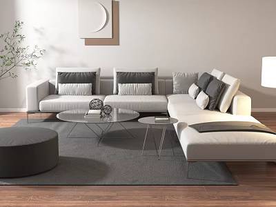 Modern Living Room Interior With L Shaped Sofa Decorative Pillows And Glass Coffee Table 3d model
