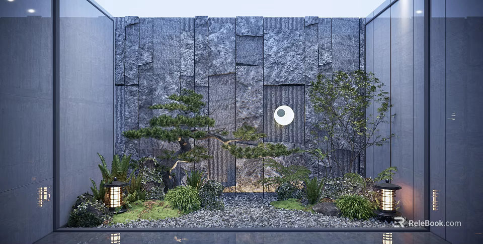 Traditional Courtyard Garden With Stone Wall Moon Shaped Decoration Pine Tree Lanterns And Pebble Ground 3d model 