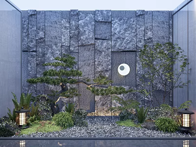 Traditional Courtyard Garden With Stone Wall Moon Shaped Decoration Pine Tree Lanterns And Pebble Ground 3d model