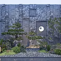 Traditional Courtyard Garden With Stone Wall Moon Shaped Decoration Pine Tree Lanterns And Pebble Ground