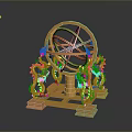Golden Armillary Sphere With Intricate Metal Structure And Dragon Decorations On Reflective Base