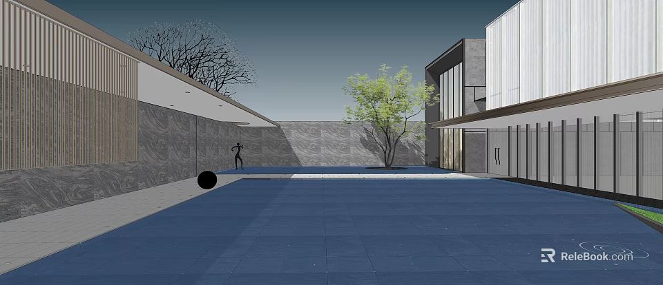 Modern Garden Landscape With Blue Paved Ground Green Tree Gray Stone Wall And Modern Building 3d model 
