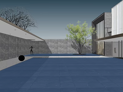 Modern Garden Landscape With Blue Paved Ground Green Tree Gray Stone Wall And Modern Building 3d model