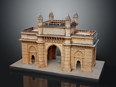 Cartoon Scene of Gateway of India Model with Arched Gate and Towers on Base 3d model