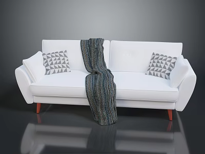 Modern Minimalist White Sofa With Geometric Pattern Pillows Dark Striped Blanket And Red Legs 3d model