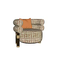 Modern Retro Armchair with Brown White Geometric Pattern Fabric Orange Cushion and Wooden Legs