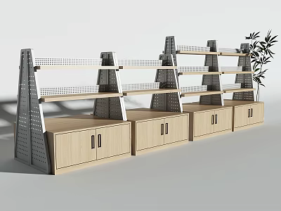 Modern Display Shelves With Wooden Cabinet Metal Frame And Multi Layer Design 3d model