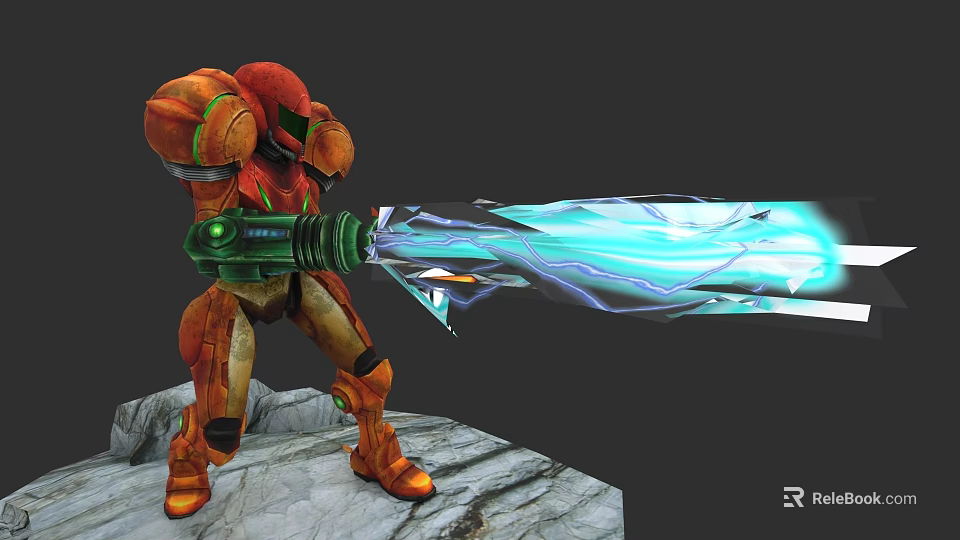 Game Character In Orange Armor Wielding Green Weapon Firing Blue Energy Beam On Rocky Surface 3d model 