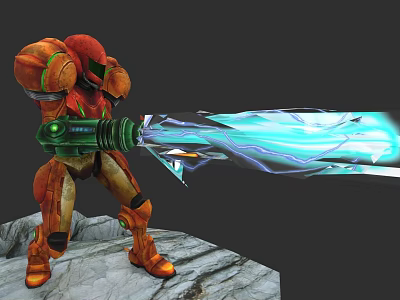 Game Character In Orange Armor Wielding Green Weapon Firing Blue Energy Beam On Rocky Surface 3d model