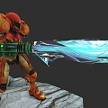 Game Character In Orange Armor Wielding Green Weapon Firing Blue Energy Beam On Rocky Surface