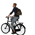 Man In Dark Shirt And Jeans Riding Black Bicycle With Backpack