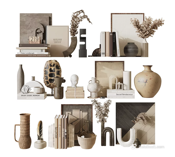 Minimalist Modern Decorative Ornaments Set With Books Vases Sculptures Dried Plants And Frames 3d model 
