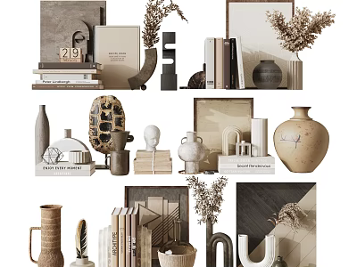 Minimalist Modern Decorative Ornaments Set With Books Vases Sculptures Dried Plants And Frames 3d model