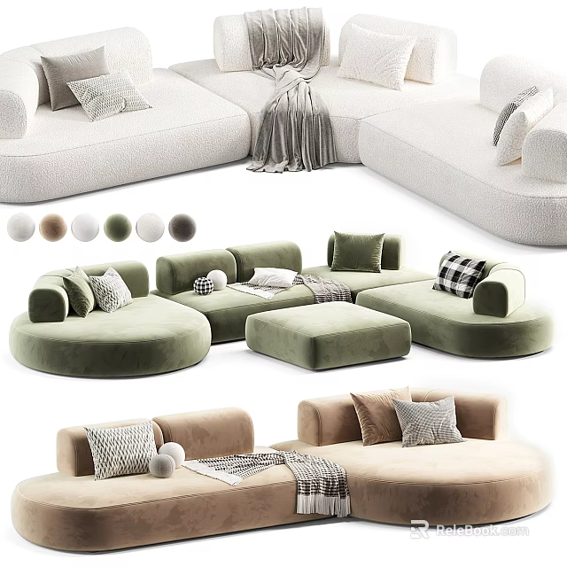 White Green Beige Sectional Sofa with Rounded Design Pillows and Throw Blanket 3d model 