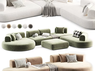 White Green Beige Sectional Sofa with Rounded Design Pillows and Throw Blanket 3d model