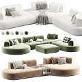 White Green Beige Sectional Sofa with Rounded Design Pillows and Throw Blanket 3d model