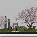 Serene Garden Courtyard Featuring Cherry Blossom Tree Red Maple Stone Pillars And Wooden Well