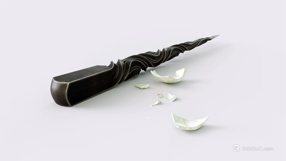 Black Weapon With Wavy Decorative Design And Broken White Ceramic Pieces Nearby 3d model 