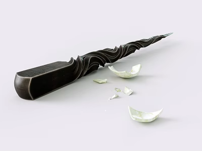 Black Weapon With Wavy Decorative Design And Broken White Ceramic Pieces Nearby 3d model
