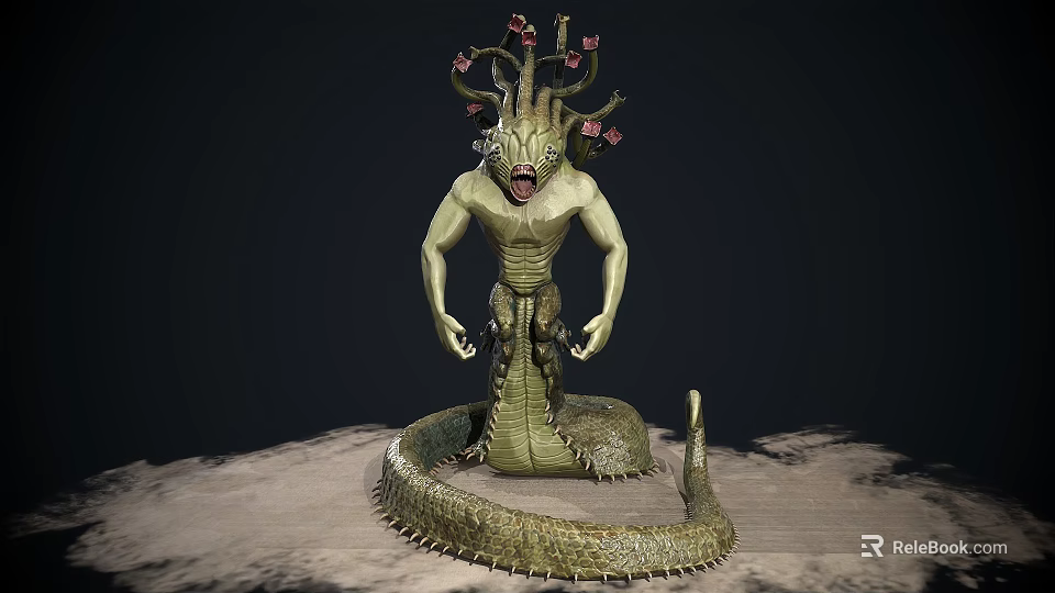 Detailed Fantasy Mythical Creature With Snake Body Humanoid Upper And Vine Head Red Flowers 3d model 