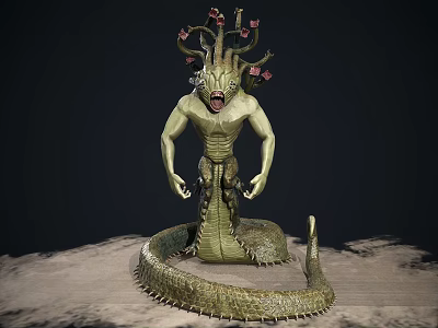 Detailed Fantasy Mythical Creature With Snake Body Humanoid Upper And Vine Head Red Flowers 3d model