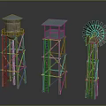 Various Tower Structures Featuring Water Tower Watchtower and Windmill With Wooden Frames and Metal Supports