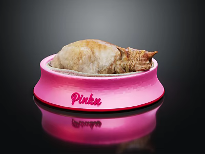 Cat Resting In Pink Bowl With Pinku Text On Reflective Surface 3d model