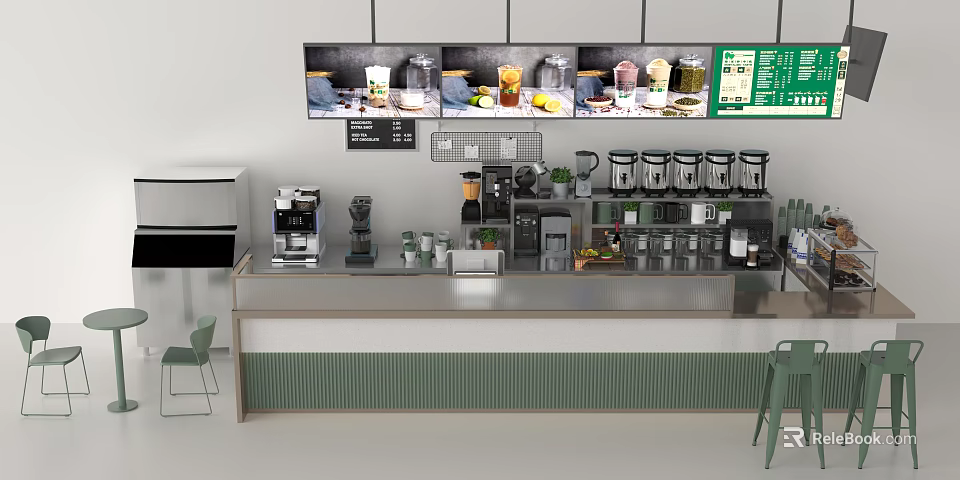 Modern Bar Counter With Coffee Machines Blenders Drinks Screens And Display Shelves 3d model 