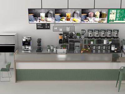 Modern Bar Counter With Coffee Machines Blenders Drinks Screens And Display Shelves 3d model