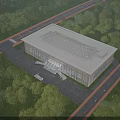 Modern Office Building with Glass Roof Surrounded by Greenery Trees Roads and Plaza Area