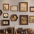 Abstract Paintings In Various Frames On Wall Display With Bookshelf Decor Items 3d model