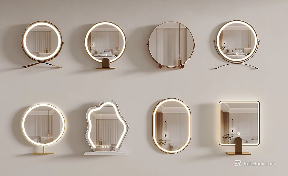 Various Stylish Decorative Mirrors With LED Lights And Metal Frames For Home Decor 3d model 
