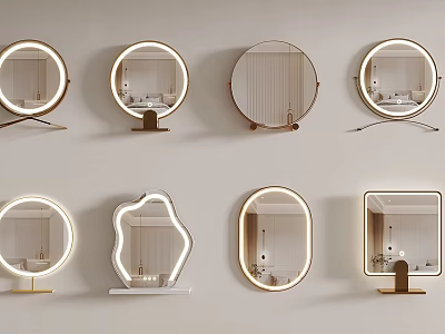 Various Stylish Decorative Mirrors With LED Lights And Metal Frames For Home Decor 3d model