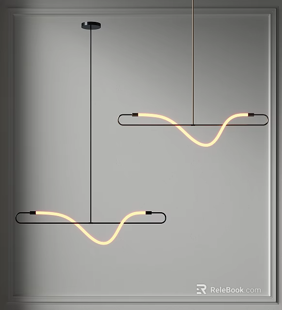 Modern Wave Design Pendant Lights With Warm Yellow Light And Black Frame Hanging In Interior 3d model 