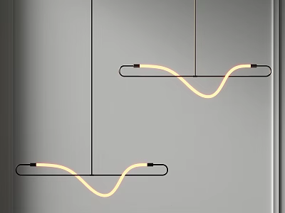 Modern Wave Design Pendant Lights With Warm Yellow Light And Black Frame Hanging In Interior 3d model