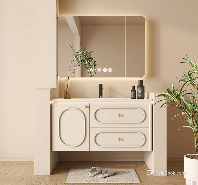 Modern Simple Bathroom Cabinet With Mirror Above And LED Lighting Nearby Green Plant 3d model 