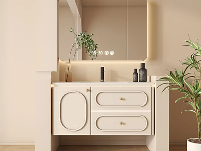Modern Simple Bathroom Cabinet With Mirror Above And LED Lighting Nearby Green Plant 3d model