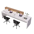 Modern Reception Desk With White Countertop Wooden Back Panel Laptops Office Chairs And Green Plants