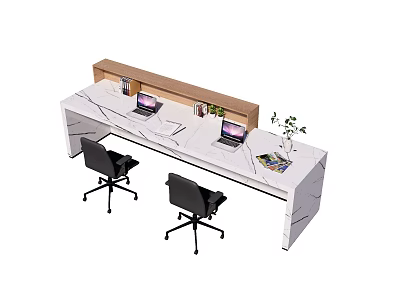 Modern Reception Desk With White Countertop Wooden Back Panel Laptops Office Chairs And Green Plants 3d model