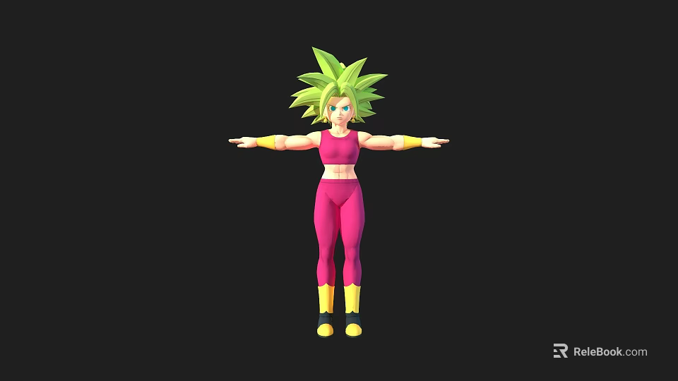 3D Anime Game Character With Green Spiky Hair Pink Athletic Outfit And Yellow Boots 3d model 