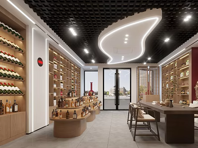 Tobacco And Liquor Store Spacious Interior With Shelves Filled Wines Spirits Display Lighting Customer Tables 3d model